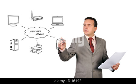 businessman drawing computer network on white background Stock Photo