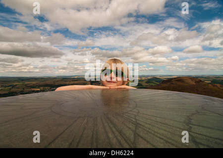 Boy and viewpoint marker on the middle Eildon, Melrose Stock Photo - Alamy