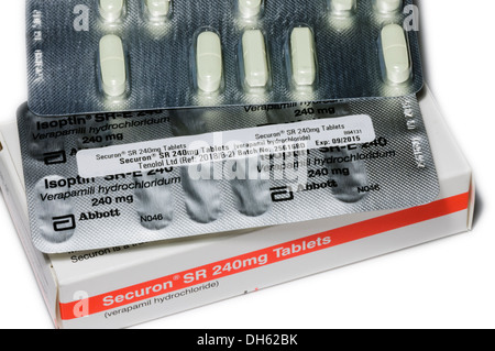 Securon SR (Verapamil hydrochloride) 240mg tablets, used to treat high blood pressure, angina and heart arrythmia. Stock Photo