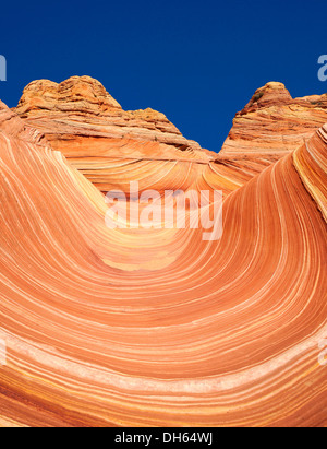 'The Wave', wave of banded eroded Navajo sandstone cliffs with Liesegang bands, Coyote Buttes North, CBN, Pahreah or Paria Stock Photo