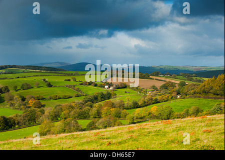 Autumn colours in the Shropshire countryside looking to Round Oak from Hopesay Common, England. Stock Photo