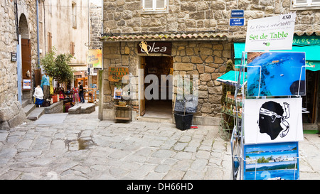 Shop selling traditional local products, Place du Maggiu, old town of Sartene, Corsica, France, Europe Stock Photo