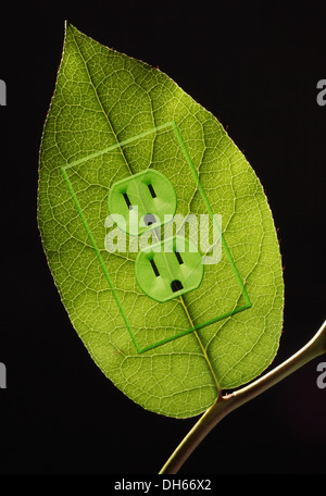 A green plant leaf on a branch with green colored electrical outlets added. Black background Stock Photo