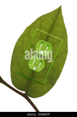 A green plant leaf on a branch with green colored electrical outlets added. Stock Photo