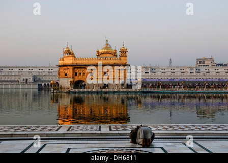 A Sikh kneeling and praying in front of the Golden Temple, Amritsar, India, Asia Stock Photo