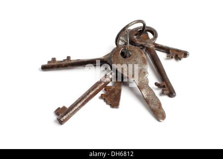 bunch of old keys on white Stock Photo