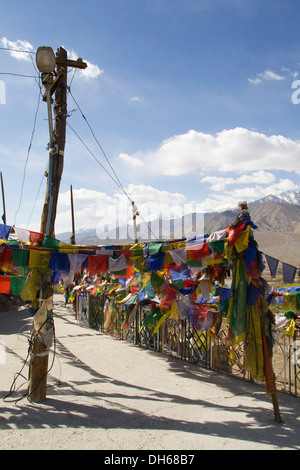 Tibetan Buddhist monastery with prayer flags in the Himalayan region near Leh, Ladakh, Himalaya, India, Asia Stock Photo