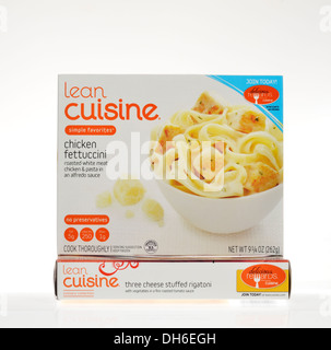 Unopened box of Lean Cuisine chicken fettuccine frozen dinner entree on white background, cutout. USA Stock Photo