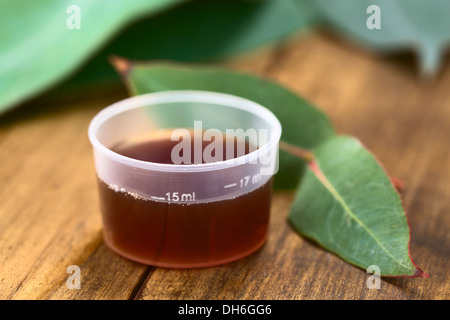 Eucalyptus cough syrup in medicine cup with fresh Eucalyptus leaves (Selective Focus, Focus on the 15ml sign on the cup) Stock Photo