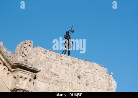 knight standing on the castle wall, island Rhodes, Greece Stock Photo
