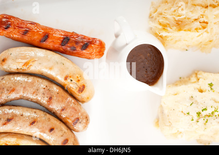 selection of all main type of german wurstel saussages, frankfurter,wiener,bratwurst,Fränkische,Coburger,Kulmbacher, Stock Photo