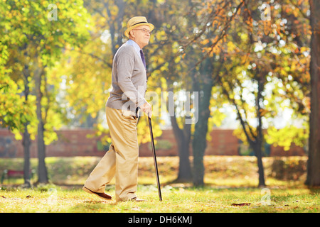 Smiling senior gentleman walking with a cane in park, in autumn Stock Photo