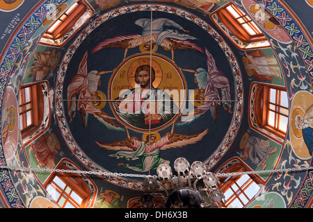 Ancient frescoes in the dome of a Greek Orthodox Church in the town of Panormo, on the island of Crete, Rethymno region, Greece. Stock Photo