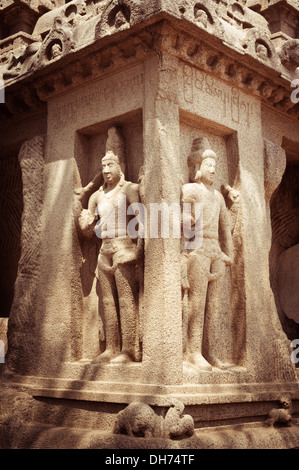 Statue at Panch Rathas Monolithic Hindu Temple in Mahabalipuram Great South Indian architecture India Tamil Nadu Mahabalipuram Stock Photo