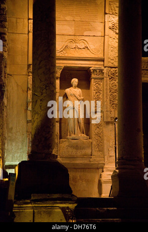 Detail from the wall of the Ancient Library of Ephesus, lit up by night, Epheasus, Turkey. Stock Photo