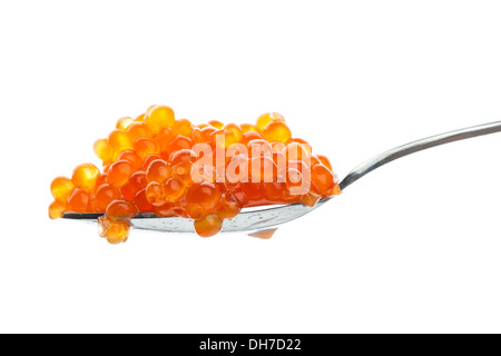 Red caviar in metal spoon isolated on white background Stock Photo
