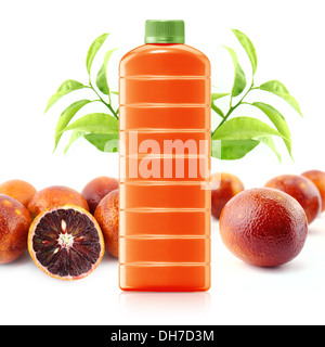 Red Orange juice in a plastic container jug with fresh orange and leaves on a white background. Stock Photo