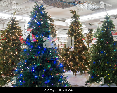 Holiday Tree Display in Home Depot, NYC Stock Photo