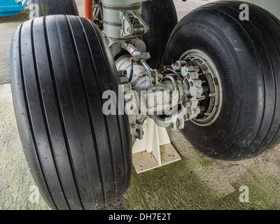 Close-up of landing wheels of a jumbo jet airliner Stock Photo