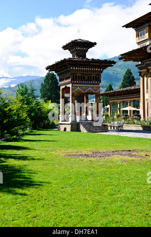 Taj Tashi five star hotel,Modern Spa Hotel,Dzong like architecture,Prayer wheel,Paul Street,Travel Photographer,Thimphu,Bhutan Stock Photo