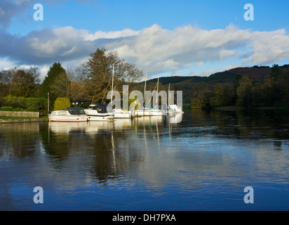 Boats moored at the Swan Hotel Marina, on the River Leven, Newby Bridge, Lake District National Park, Cumbria, England UK Stock Photo