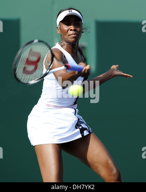 Venus Williams of USA in action against Kimiko Date Krumm during Sony Ericsson Open at Crandon Park Tennis Center Key Biscayne Stock Photo