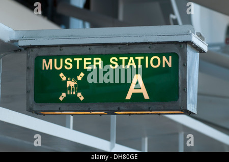 Muster station sign directing passengers to the life boats Stock Photo