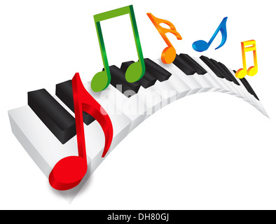 Piano Keyboard with Black and White Wavy Keys and Colorful Music Notes in 3D Isolated on White Background Illustration Stock Photo