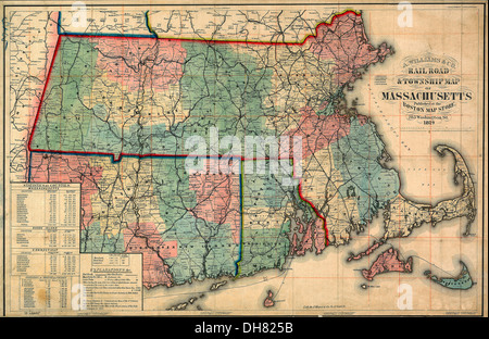 Railroad & township map of Massachusetts, published at the Boston Map Store, 1879. Stock Photo