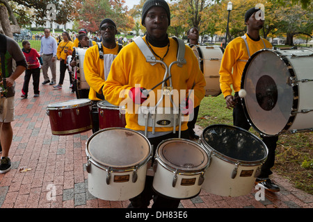 African-American man playing triple configuration snare drums - Washington, DC USA Stock Photo