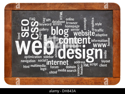 cloud of words or tags related to web or website design on a vintage slate blackboard isolated on white Stock Photo