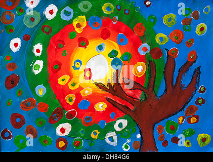 Childrens' artwork: tree and sun Stock Photo