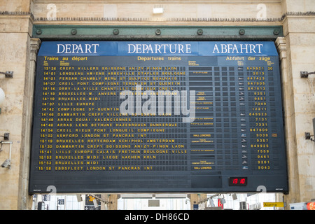 Paris, FRANCE - OCTOBER 21: Departures board in Gare ru Nord showing names of European cities. October 21, 2013 in Paris. Stock Photo