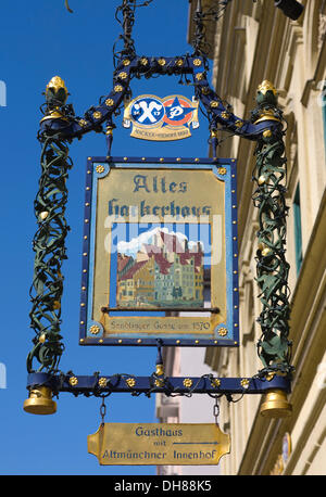 Hanging sign, Altes Hackerhaus, Sendlinger Strasse, Altstadt-Lehel district, Munich, Bavaria Stock Photo