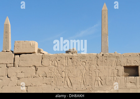 sunny illuminated architectural scenery with obelisks and relief at the Precinct of Amun-Re in Egypt (Africa) Stock Photo