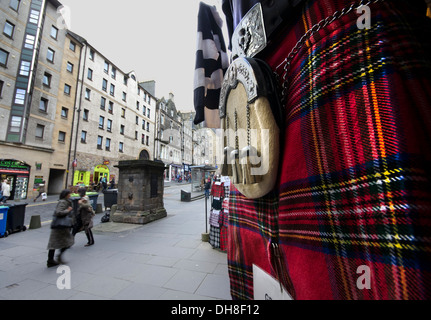 Tartan kilt and sporran on display outside a shop on the Royal Mile in Edinburgh in Scotland Stock Photo