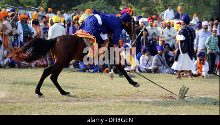 Nihang or Sikh warrior performs Gatka (a form of martial art) using a ...