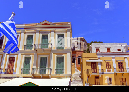 Details of traditional houses on the isle of Symi, Greece. Stock Photo