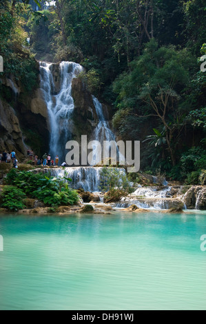 Vertical view of tourists paddling in the picturesque Kuang Si Falls in Laos. Stock Photo