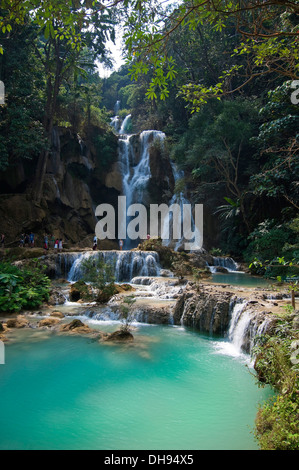 Vertical view of tourists paddling in the picturesque Kuang Si Falls in Laos. Stock Photo