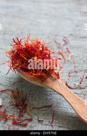 Still Life Of Saffron On Wooden Spoon Stock Photo