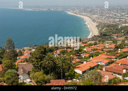 Scenic view from Rancho Palos Verdes of Pacific Ocean with Torrance, Redondo, Hermosa and Los Angeles, California in background. (USA) Stock Photo