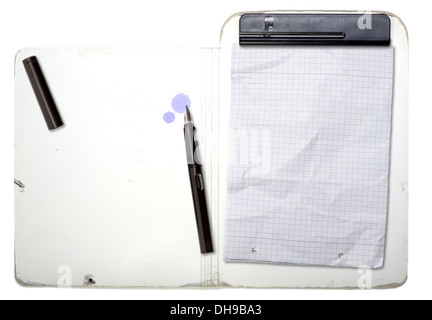 old opened clip board, fountain pen and blank sheet of paper, isolated on white. Stock Photo