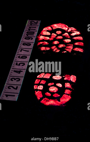 Fluorescent crime scene footwear mark with scale Stock Photo