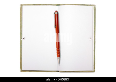 blank page of note book and mechanical pencil, isolated on white. Stock Photo