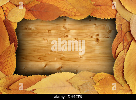 thanksgiving backdrop for your design with cherry faded foliage frame on wooden table Stock Photo