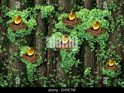 Global retirement investment financial concept as an old forest with a growing green vine shaped as a world map with a group of Stock Photo