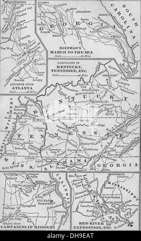 Map of Western Campaigns in USA Civil War Stock Photo