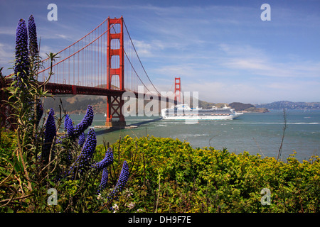 Cruise ship sailing under the Golden Gate Bridge, red suspension bridge at San Francisco, California, US Stock Photo
