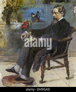 CHARLES DICKENS (1812-1870) English author in a painting by Robert Buss entitled Dickens' Dream fro 1875 Stock Photo